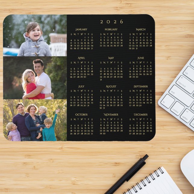 3 Foto Collage Personlig Familj 2026 Kalender Musmatta (3 Photo Collage Personalized Family 2026 Calendar Mouse Pad)