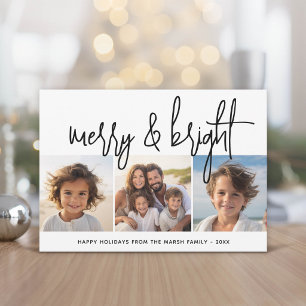 3 Foto Collage Script svart vit Merry Bright Julkort