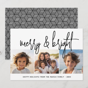 3 Foto Collage Script svart vit Merry Bright Julkort
