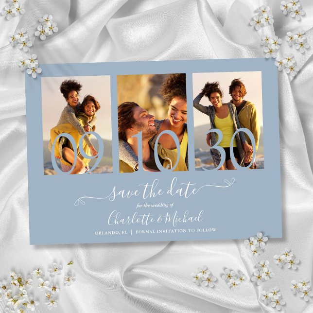 3 Foto Collage Signatur Skript Dammig Blå Spara Datumet (3 Photo Collage Signature Script Dusty Blue Save The Date)