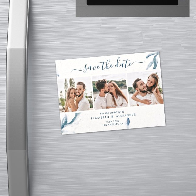 3 foto elegant blå vattenfärg, enkelt bröllop magnetisk inbjudningskort (Skapare uppladdad)