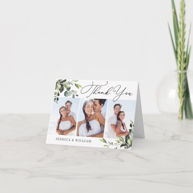 3 FOTO Elegant Eucalyptus Vattenfärgad Blommigt QR Tack Kort (Framsida)