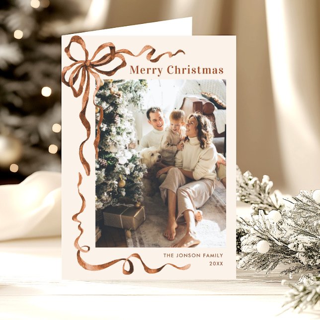 3 Foto Festive jul Boho Beige Bow Ribbon Helgkort (Skapare uppladdad)