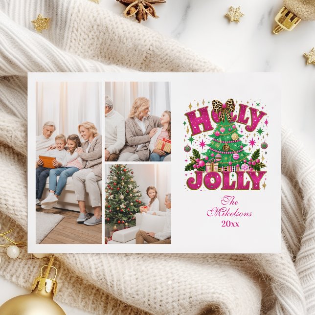 3 Foto Glitter Leopard Bow Holly Jolly Julkort (Skapare uppladdad)