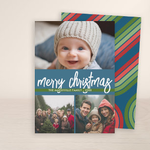 3 Foto God jul - blått grönt rand Julkort