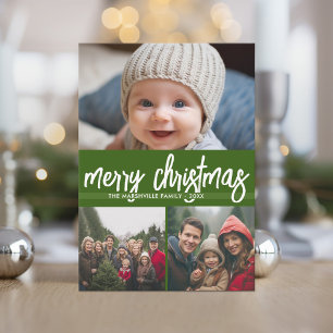 3 Foto God jul - grönt röd rand Julkort