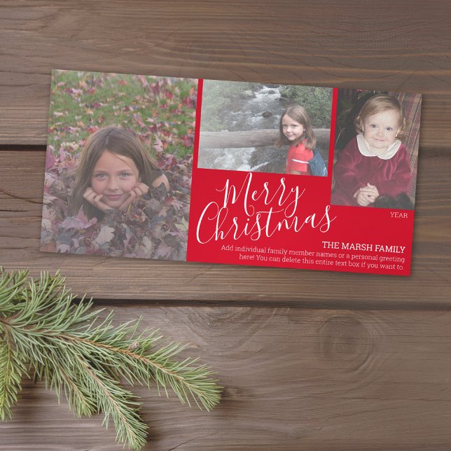3 Foto - God Jul Simply Red Julkort (Add 3 photos to this classic photo card that can be printed or sent out to friends and family.)