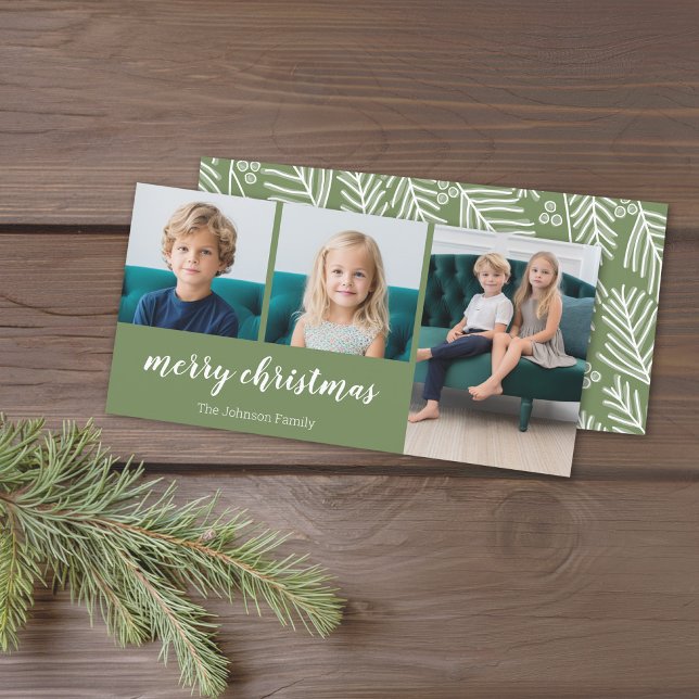 3 Foto - Grönt Holly - God jul Julkort (Holiday Photo card with a 3 Photo Collage. Download Option Available. Green Accents)