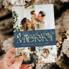 3 Foto Guld Grönska Blå God Jul Julkort