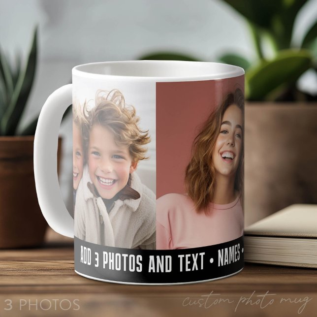 3 Foto Mall Modern Minimal Text  Kaffemugg (Custom Photo Mug with 3 Photos)
