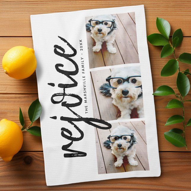 3 Foto med Modern God jul Rejoice Kökshandduk (Add 3 photos - personalized kitchen towel)
