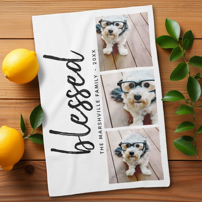 3 Foto med modern kalligrafi - välsignad Kökshandduk (Personalized Kitchen Towel with photos and text - Makes a great gift)