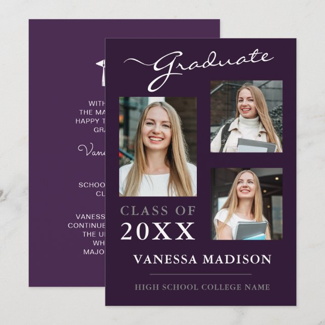 3 foto Modern Elegant Lila Studenten Meddelande (Fram/baksida)