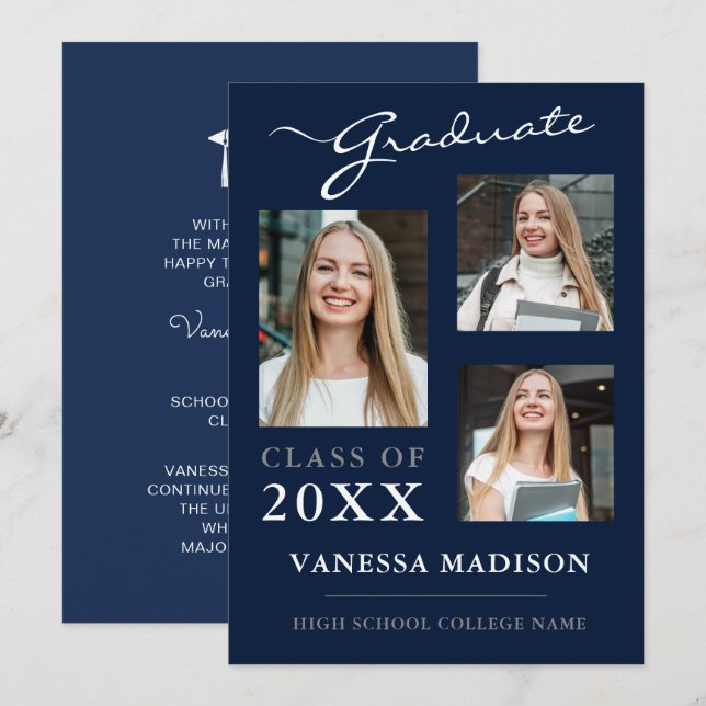 3 foto Modern Navy Blue Studenten Meddelande (Fram/baksida)