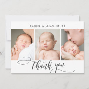 3 Foto Modern Script Nyfödd Baby Tack Kort