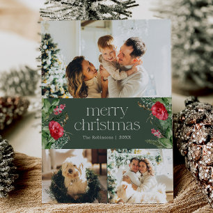 3 Foto Mörk grönt botaniskt God jul-kort Julkort