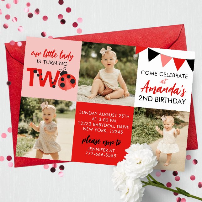 3 Foto Nyckelpiga 2-års Födelsedagsinbjudan Inbjudningar (Watercolor Ladybug 3 Photo 2nd Birthday Invitations. Digital or Printed with Envelopes)