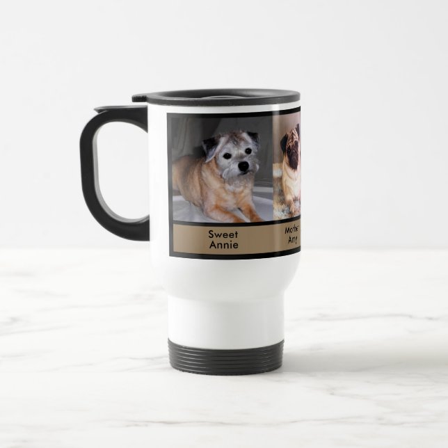 3 foto och text 9 boxas beställnings- hundtravel resemugg (Vänster)