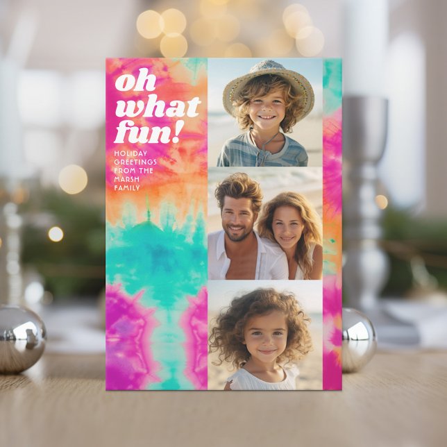 3 Foto - Retro Tie Dye - färgad jul Julkort (Retro Tie Dye Pattern Christmas Card. Add a little color to your holiday with this online photo card)