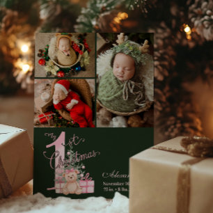 3 Foto Rosa Grönt Baby Första jul Julkort