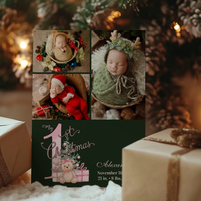 3 Foto Rosa Grönt Baby Första jul Julkort (Skapare uppladdad)