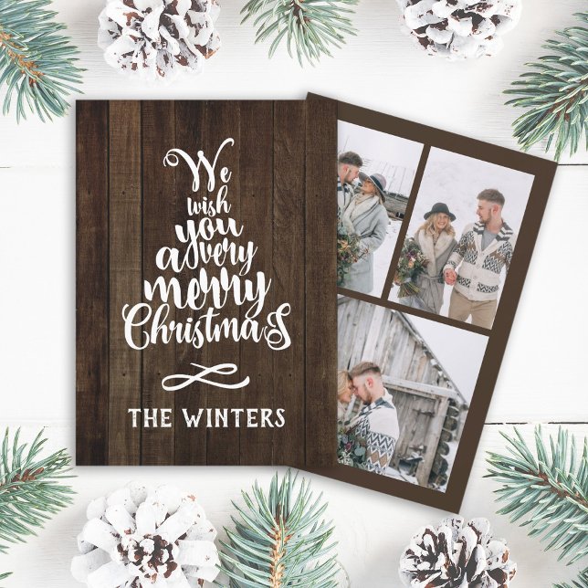 3 Foto Rustikt Trä Julgran Bokstavsformad Text Julkort (Skapare uppladdad)