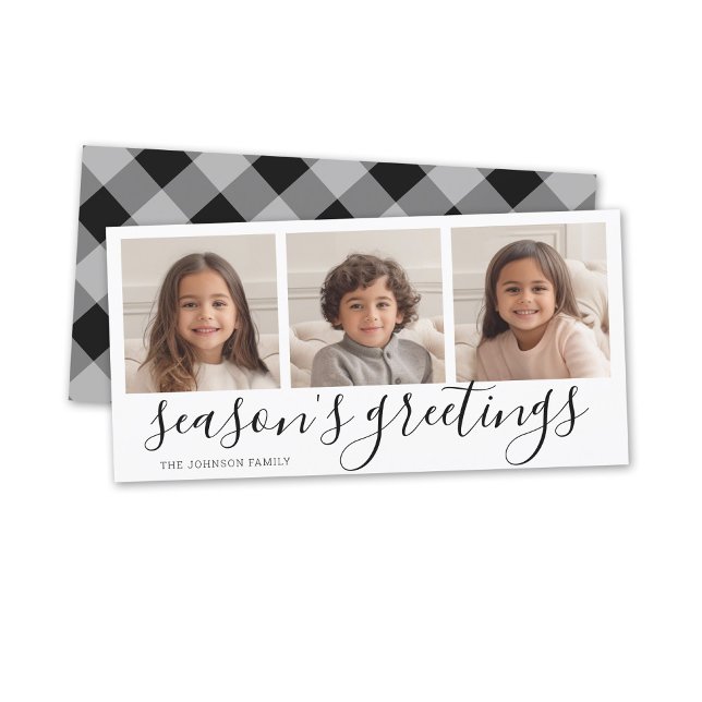 3 Foto - Svart Kalligrafi Rutigt Årstider Hälsning Julkort (3 Photo online Christmas card, minimal design, modern script, buffalo plaid)