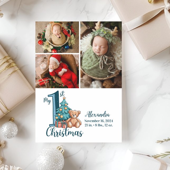 3 Fotoblå Teddy Baby 1:a jul Julkort (Skapare uppladdad)