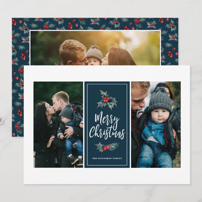 3 Fotofärgad Elegant Holly | Julblått Julkort (Fram/baksida)