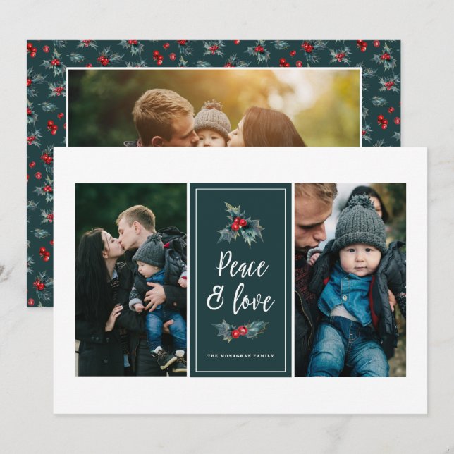 3 Fotofärgad Elegant Holly | Peace Kärlek Grönt Julkort (Fram/baksida)