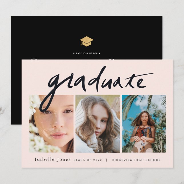 3 Fotohandskrivet skript Rosa Studenten Inbjudningar (Fram/baksida)