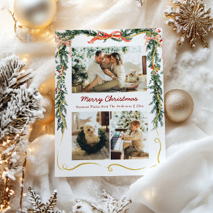 3 Fotojul Greenery Garlands och Bow Julkort