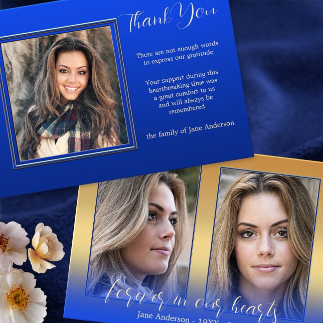 3 Fotokänslosympati tack för dina kort (Funeral or memorial Thank You card featuring 3 custom photos on royal and navy blue with gold)