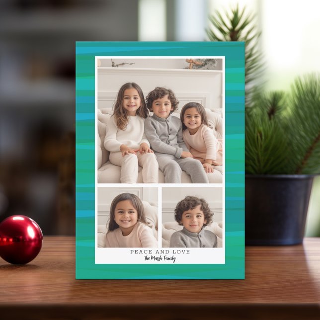 3 Fotokollage - Blå Grönt Vattenfärgad jul Julkort (Modern Christmas Card with Photos)