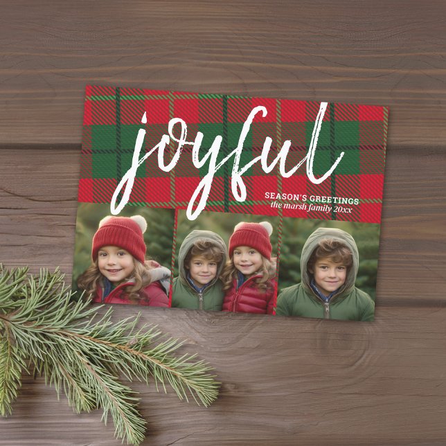 3 Fotokollage - Glatta säsongens hälsningar planer Julkort (3 Photo Modern Christmas Card - Bounce Calligraphy - plaid background - download option available)