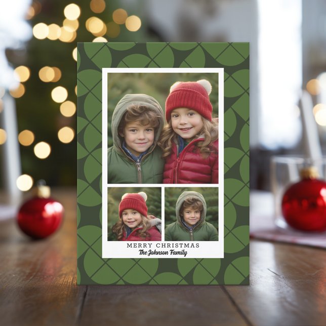 3 Fotokollage - MCM-Grönten mönster jul Julkort (Christmas Photo Collage Card)