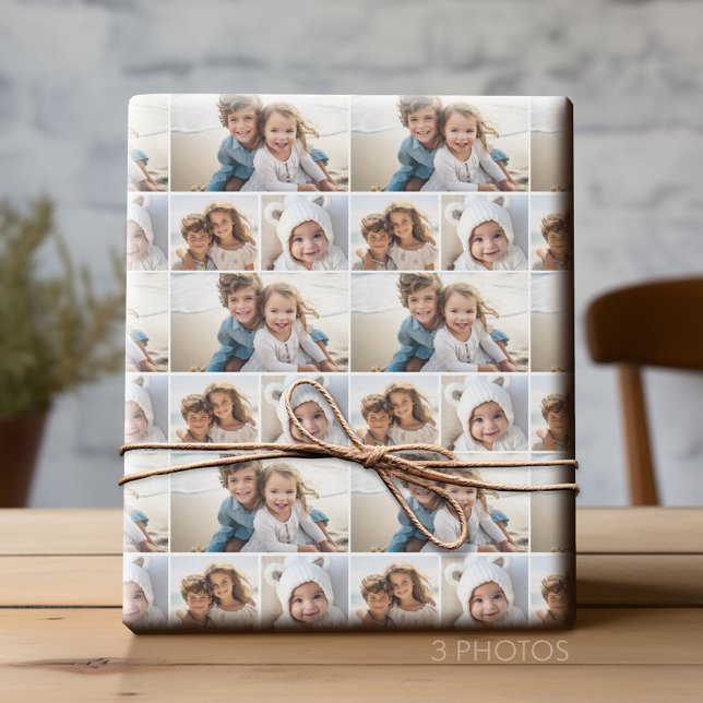 3 Fotokollage med bakgrund i vitt Presentpapper (Custom Photo Collage Wrapping Paper - All Occasion)
