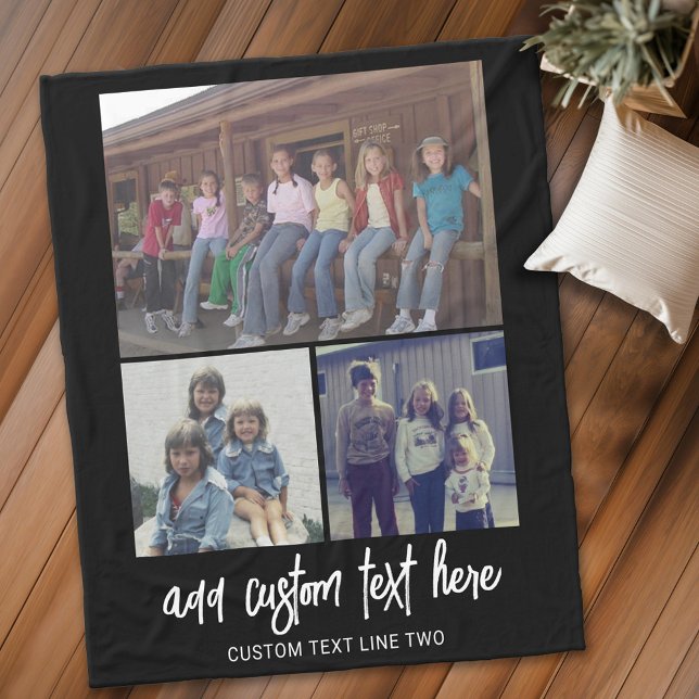 3 Fotokollage med skripttext - svart vitt Fleecefilt (Personalized fleece blanket with 6 photos and text)