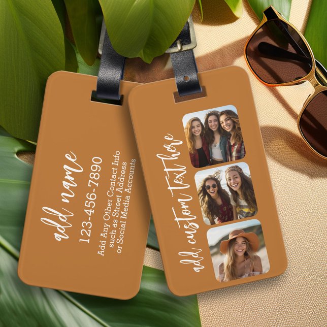 3 Fotokollage med trendigets studsskript Bagagebricka (Personalized Luggage and Bag Tag)