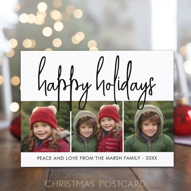 3 Fotokollage Mod Skriptvit svart - Lycklig Helg Vykort (Holiday Photo Postcard)