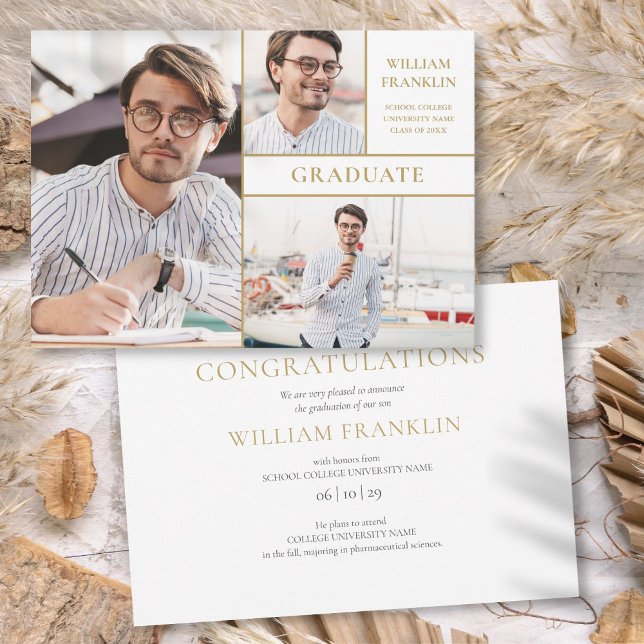 3 Fotokollage Modern Guld Studenten Meddelande (3 Photo Collage Modern Gold Graduation Announcement)