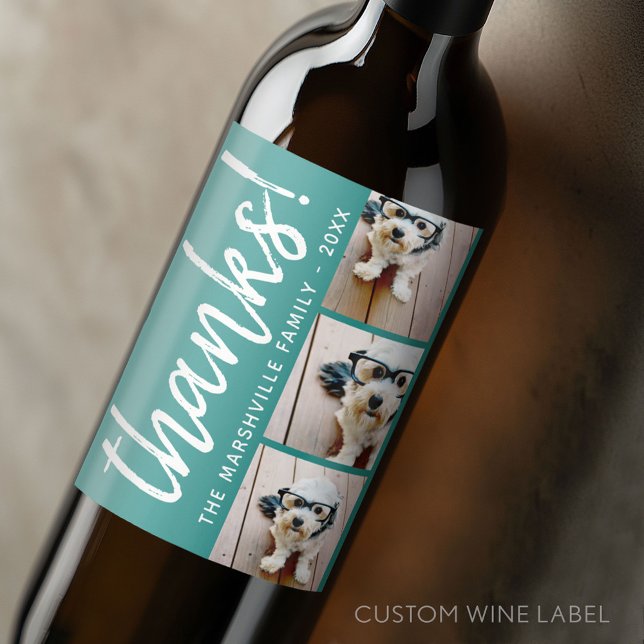 3 Fotokollage - Modern Tack med blått Namn Vinflaska Etikett (Custom Wine Bottle Label - Personalize a Sticker for a fun gift or memento)