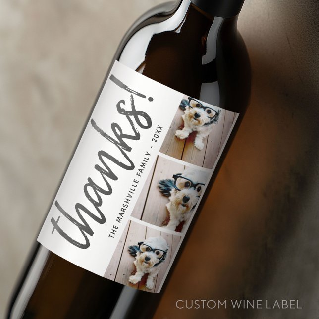 3 Fotokollage - Modern Tack med Namn Vinflaska Etikett (Custom Wine Bottle Label - Personalize a Sticker for a fun gift or memento)