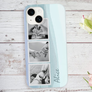 3 Fotokollage och Namn Trendig Aqua Blue