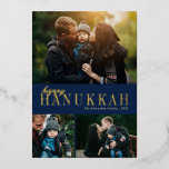 3 Fotokollage Simple Modern Hanukkah<br><div class="desc">Denna vackra tre fotokollage med Hanukkah-kort har en enkel elegant i verklig folie (finns i guld, ro guld eller silver) över en marin blå bakgrund. Kortets baksida innehåller en modern diagonal rand-design i marint blått över en vit bakgrund (färg kan anpassas om så önskas). Kontakta mig (Tracey) på orabellaprints@outlook.com för...</div>