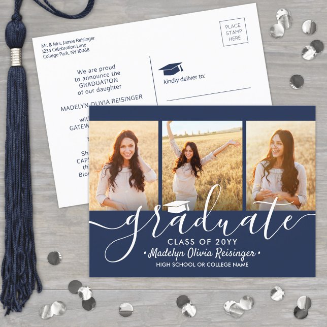 3 Fotokollage Simple Navy White Studenten Meddelande Vykort (Skapare uppladdad)