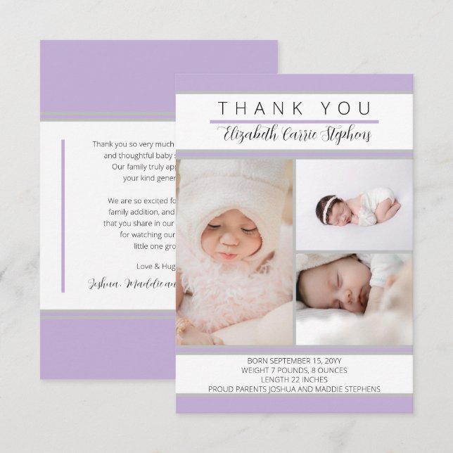 3 Fotolavender Baby Shower Birth-meddelande Tack Kort (Fram/baksida)