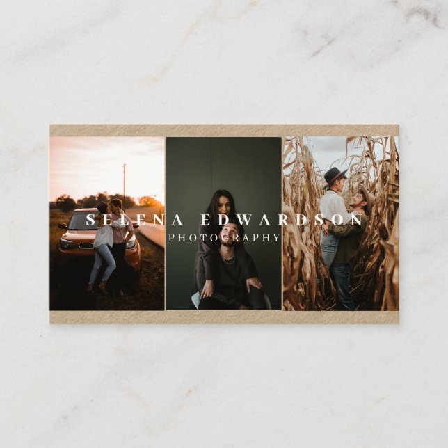 3 Foton Avslappnad Rustic Kraft White Typography Visitkort (Framsida)