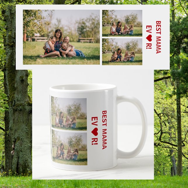 3 Foton Bästa Mamman någonsin Photo Collage Mors d Kaffemugg (Best Mama Ever, heart. Photo collage, 3 personalized photos. Elegant, Minimalist Mother's Day / bday)
