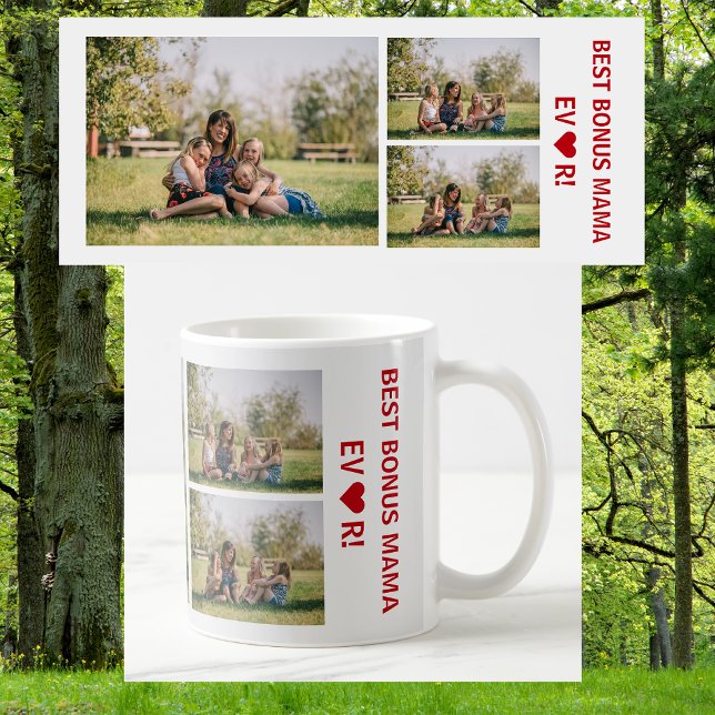 3 Foton Best Bonus Mamma någonsin Heart Photo Coll Kaffemugg (Best Bonus Mama Ever, heart. Photo collage, 3 personalized photos. Elegant, Minimalist Mother's Day)